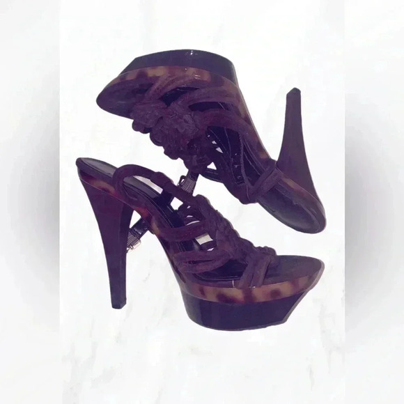 BCBG generation platform  strappy leopard brown suede braided leather heel 8 - Picture 1 of 4
